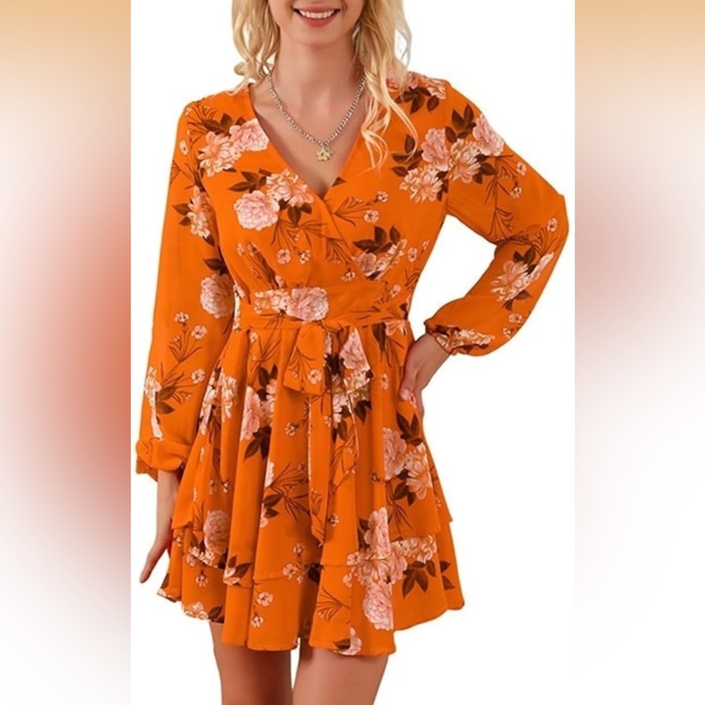 Orange Floral Ruffled Long Sleeve V Neck Waistline Knee-Length Skirt Mini Dress